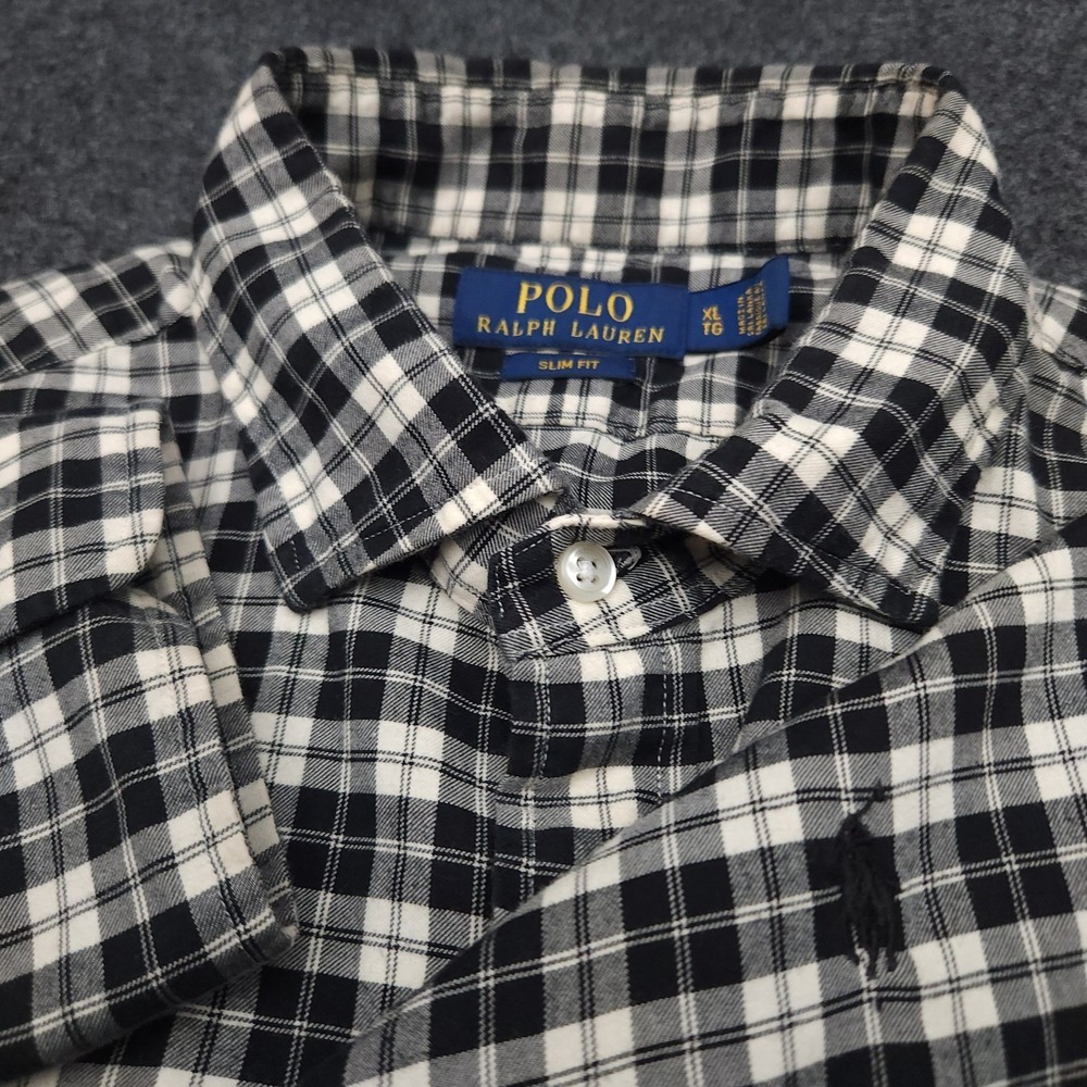 Polo Ralph Lauren Mens XL White Black Plaid Slim Fit Button Up Shirt